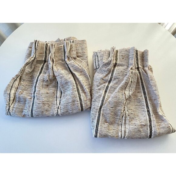 Vintage 1970s pleated curtains, beige & blue striped, pair of woven panels - Picture 4 of 9